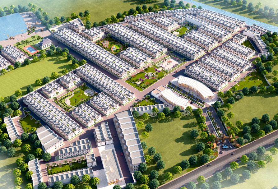 Aerial drone view of The GoldenCity Township near Noida International Airport